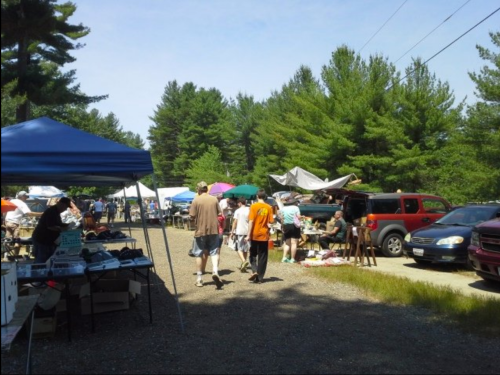 A bustling outdoor market with people browsing stalls under blue skies and trees, surrounded by parked cars.