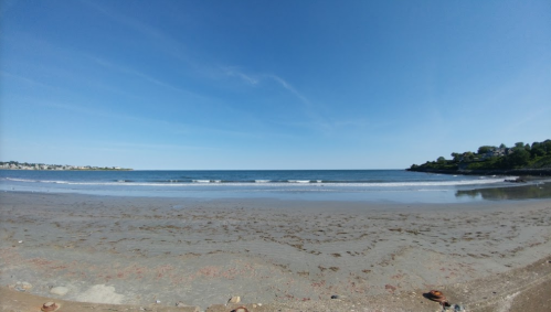 A serene beach scene with gentle waves, clear blue sky, and a lush green shoreline in the background.