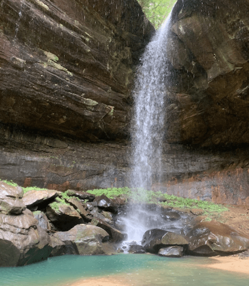 A waterfall cascades down rocky cliffs into a serene pool surrounded by lush greenery.