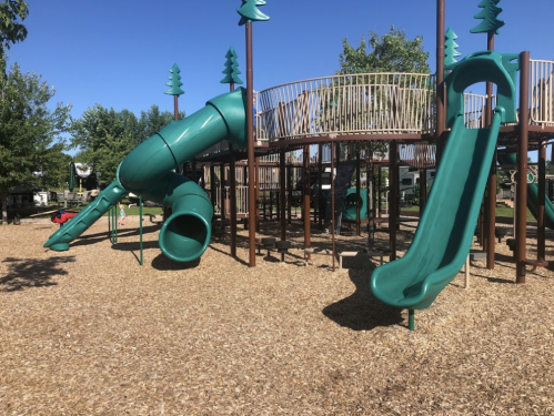 A playground featuring green slides and a climbing structure, surrounded by wood chips and trees under a clear blue sky.