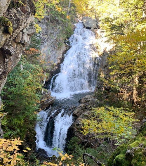 A cascading waterfall surrounded by vibrant autumn foliage and rocky cliffs.