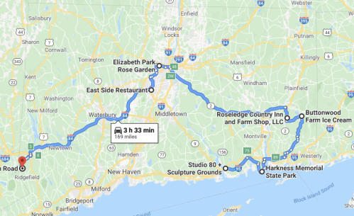 Map showing a route from Ridgefield, CT, to various attractions including parks, a farm shop, and an ice cream shop.
