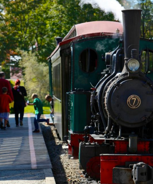 A vintage steam train parked at a station, with children exploring nearby on a sunny day.