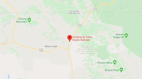 Map showing the location of the Cumbres & Toltec Scenic Railroad near Willow Creek, Colorado, and New Mexico border.