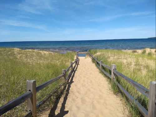 A sandy path leads to a tranquil beach with blue water and green grass under a clear blue sky.