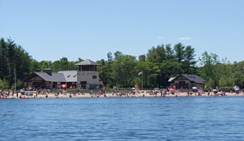 A beach scene with people enjoying the sun, surrounded by trees and buildings, under a clear blue sky.