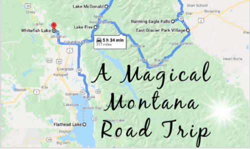Map highlighting a road trip route in Montana, featuring Whitefish Lake and nearby attractions, with travel time noted.
