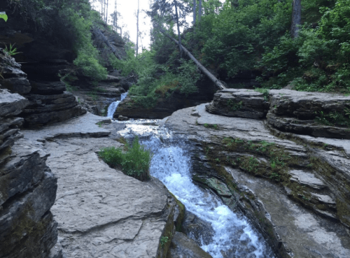 A serene rocky landscape with a flowing stream and lush greenery, surrounded by tall trees.