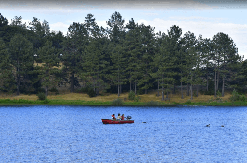 A red boat with four people floats on a blue lake surrounded by green trees and ducks swimming nearby.