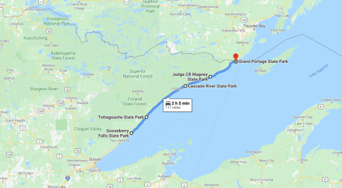Map showing a route from Grand Portage State Park to various state parks, including Tettegouche and Gooseberry Falls.