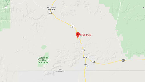 Map showing the location of Sand Caves near Kanab, Utah, with nearby landmarks and highways indicated.