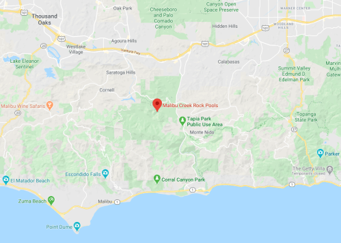 Map showing the location of Malibu Creek Rock Pools in California, near the coast and surrounding parks.