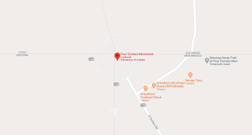 Map showing Four Corners Monument, the intersection of Arizona, Colorado, New Mexico, and Utah. Nearby food stands noted.