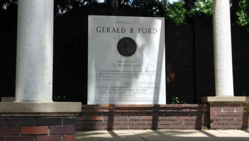 Birthplace monument of Gerald R. Ford, 38th President of the United States, featuring a commemorative plaque.