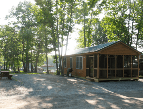A cozy cabin surrounded by trees, with a gravel path, picnic table, and a tent in the background.