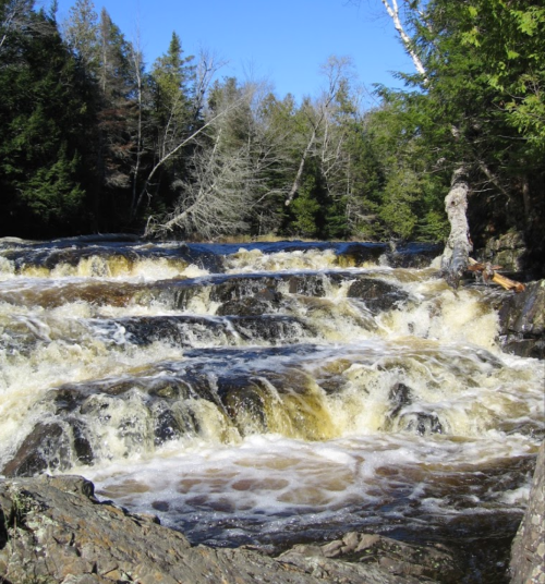 A cascading waterfall flows over rocky terrain, surrounded by lush green trees under a clear blue sky.