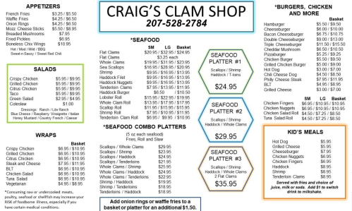 Menu for Craig's Clam Shop featuring appetizers, salads, seafood platters, wraps, and kid's meals with prices.