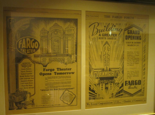 Two vintage newspaper ads for the Fargo Theater, announcing its opening and a grand opening event.