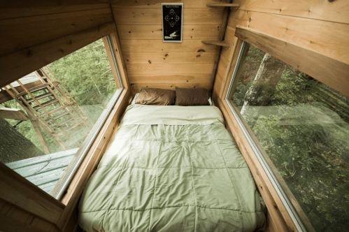Cozy wooden treehouse interior with a bed and large windows overlooking a forest.
