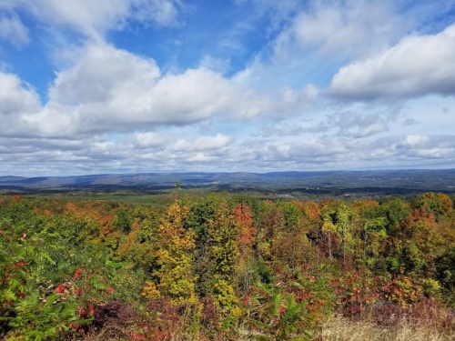 A panoramic view of a colorful autumn landscape with trees in vibrant hues under a partly cloudy sky.