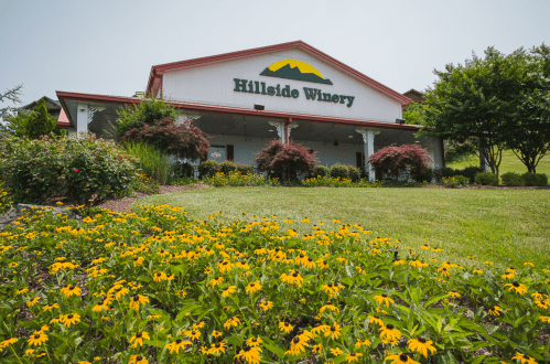 Exterior of Hillside Winery with colorful flowers in the foreground and a clear sky above.
