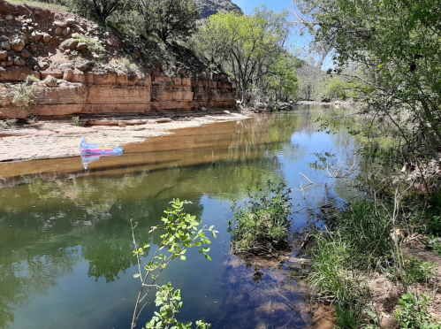 A serene river scene with clear water, rocky banks, and lush greenery under a bright blue sky.