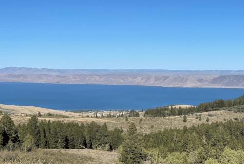 A panoramic view of a blue lake surrounded by mountains and green trees under a clear blue sky.