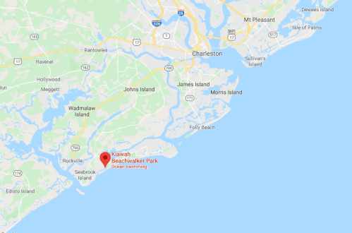 Map showing Kiawah Island and Beachwalker Park, highlighting ocean swimming near Charleston, South Carolina.