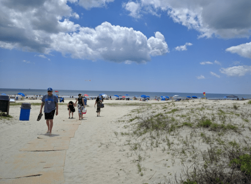 A sandy beach scene with people walking towards the ocean, umbrellas set up, and a blue sky with clouds.