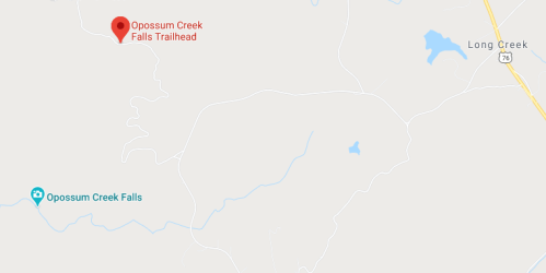 Map showing Opossum Creek Falls Trailhead location near Long Creek, with nearby water features and roads.