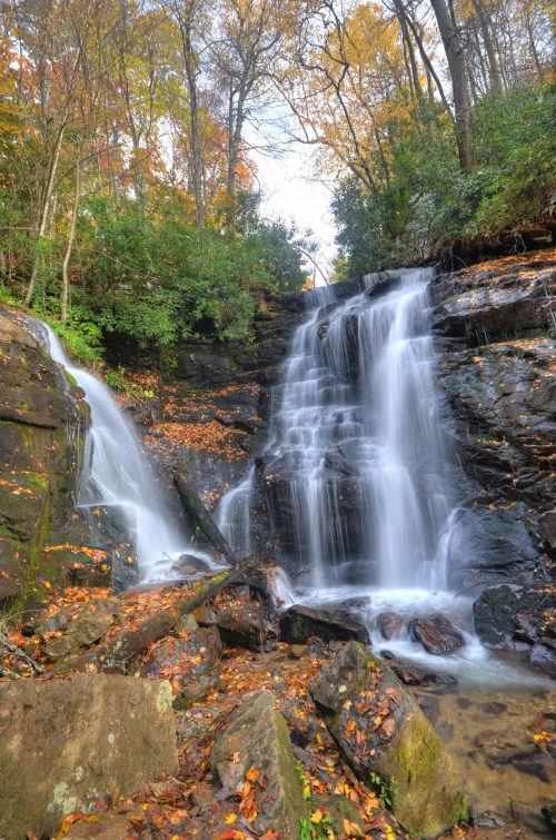 A serene waterfall cascades over rocks, surrounded by autumn foliage and lush greenery.