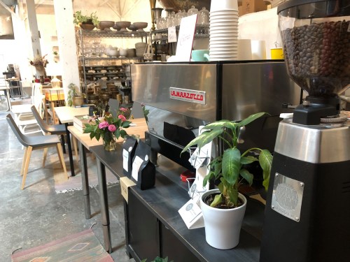 A cozy café interior featuring a coffee machine, grinder, plants, and wooden tables with various dishware in the background.
