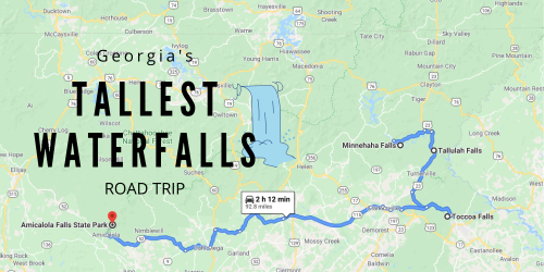 Map showing a road trip route to Georgia's tallest waterfalls, including Amicalola Falls, Minnehaha Falls, and Tallulah Falls.