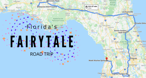 Map of Florida highlighting a road trip route labeled "Florida's Fairytale Road Trip" with colorful decorative elements.