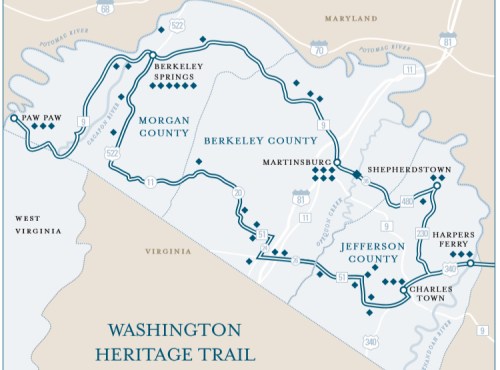 Map of the Washington Heritage Trail, highlighting routes through West Virginia's Berkeley and Jefferson Counties.