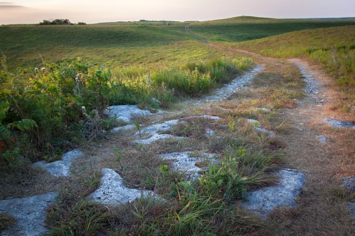 A winding dirt path through grassy hills, with rocky terrain and soft sunlight illuminating the landscape.