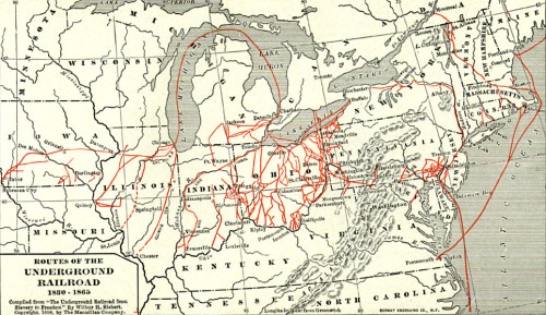 Map showing routes of the Underground Railroad from 1850 to 1863, with red lines indicating pathways to freedom.