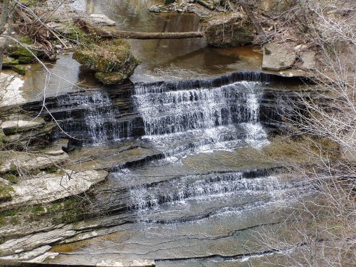 A serene waterfall cascading over rocky ledges, surrounded by bare trees and natural greenery.