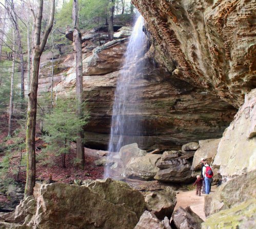 A waterfall cascades from a rocky overhang in a forested area, with two people standing nearby on a rocky path.