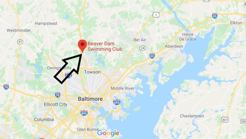 Map showing the location of Beaver Dam Swimming Club near Towson, Maryland, with an arrow pointing to it.