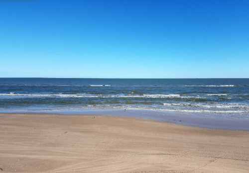 A serene beach scene with gentle waves lapping at the shore under a clear blue sky.