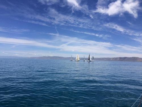 Three sailboats glide across a calm blue sea under a bright sky with scattered clouds. Mountains are visible in the distance.