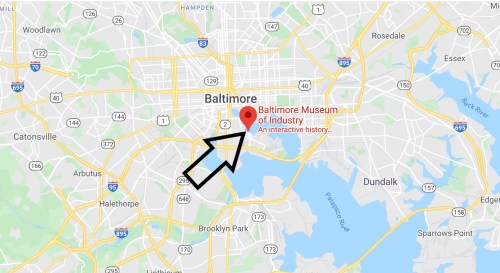 Map of Baltimore highlighting the Baltimore Museum of Industry with an arrow pointing to its location.