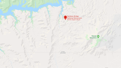 Map showing the location of Rainbow Bridge National Monument, labeled as the world's largest natural bridge.