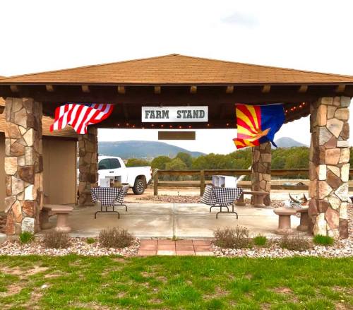 A rustic farm stand with stone walls, checkered tables, and flags, set against a scenic landscape.