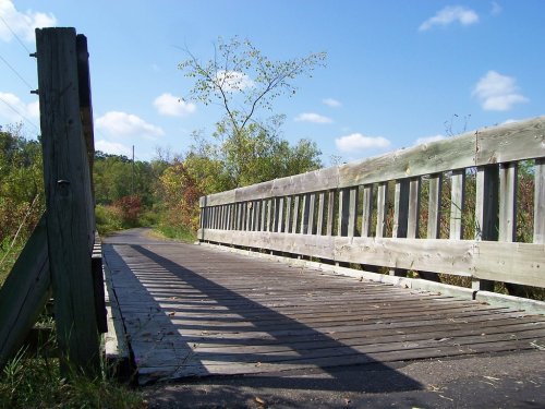 A wooden bridge spans a path surrounded by greenery under a clear blue sky with scattered clouds.