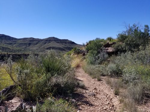 A dirt trail winds through lush greenery and rocky terrain, surrounded by mountains under a clear blue sky.