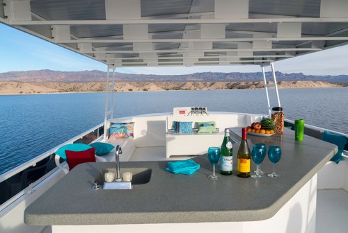 A boat's deck with a bar area, featuring drinks, snacks, and a scenic view of water and mountains in the background.