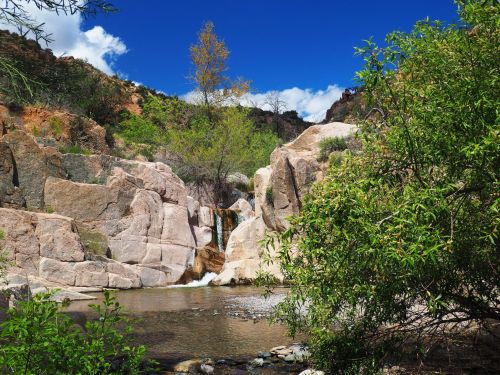 A serene landscape featuring a rocky riverbank, lush greenery, and a small waterfall under a bright blue sky.