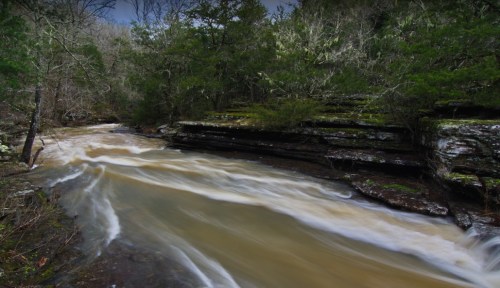 A flowing river surrounded by rocky banks and lush greenery in a serene forest setting.